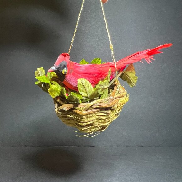 Vintage Handcrafted Cardinal Bird in Woven Wicker Nest Christmas Tree Ornament - Picture 7 of 8